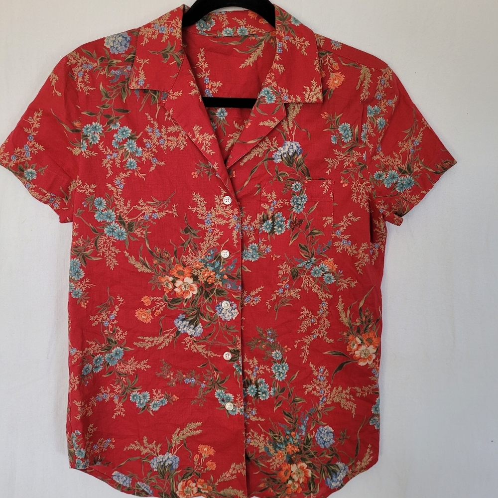 Lauren Ralph Lauren Red Floral Top Size S Cotton Preppy Western